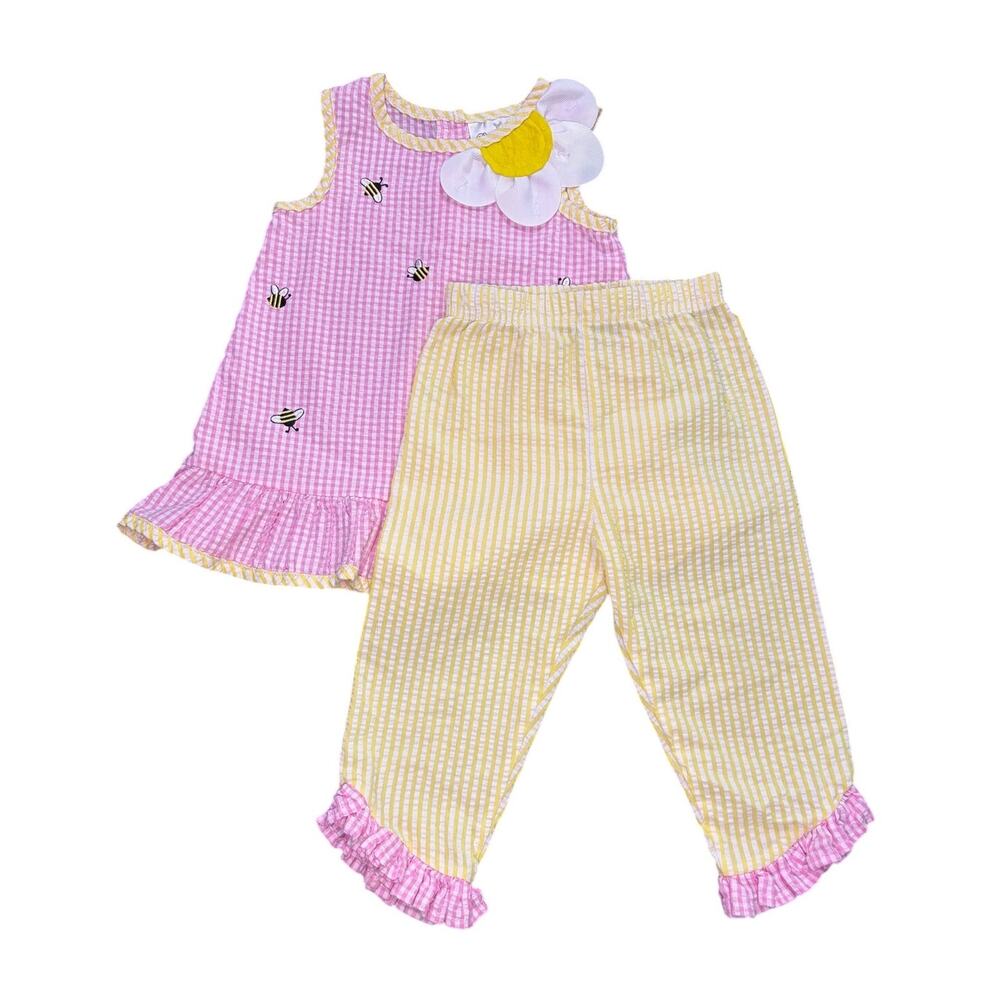 Rare Editions 3T Toddler Girl Yellow Seersucker 
2-Piece Set Bumble Bee Flower
